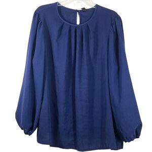 Shein Curve 2XL Navy Pleated Key Hole Back Long Sleeve Blouse